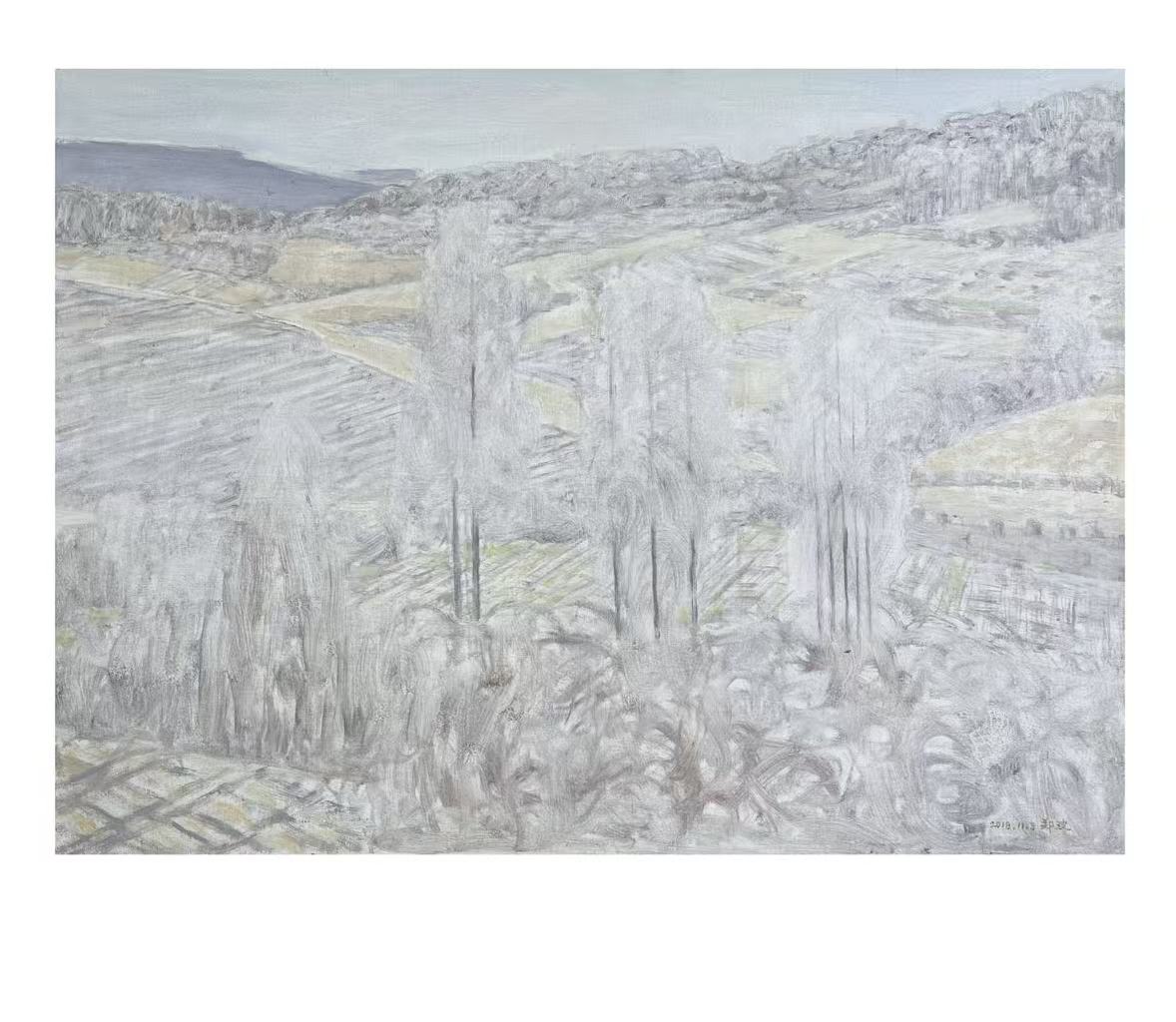 Autumn, oil on linen, 54.5 by 75 cm, 2018. An atmospheric landscape painting in muted autumn colour.