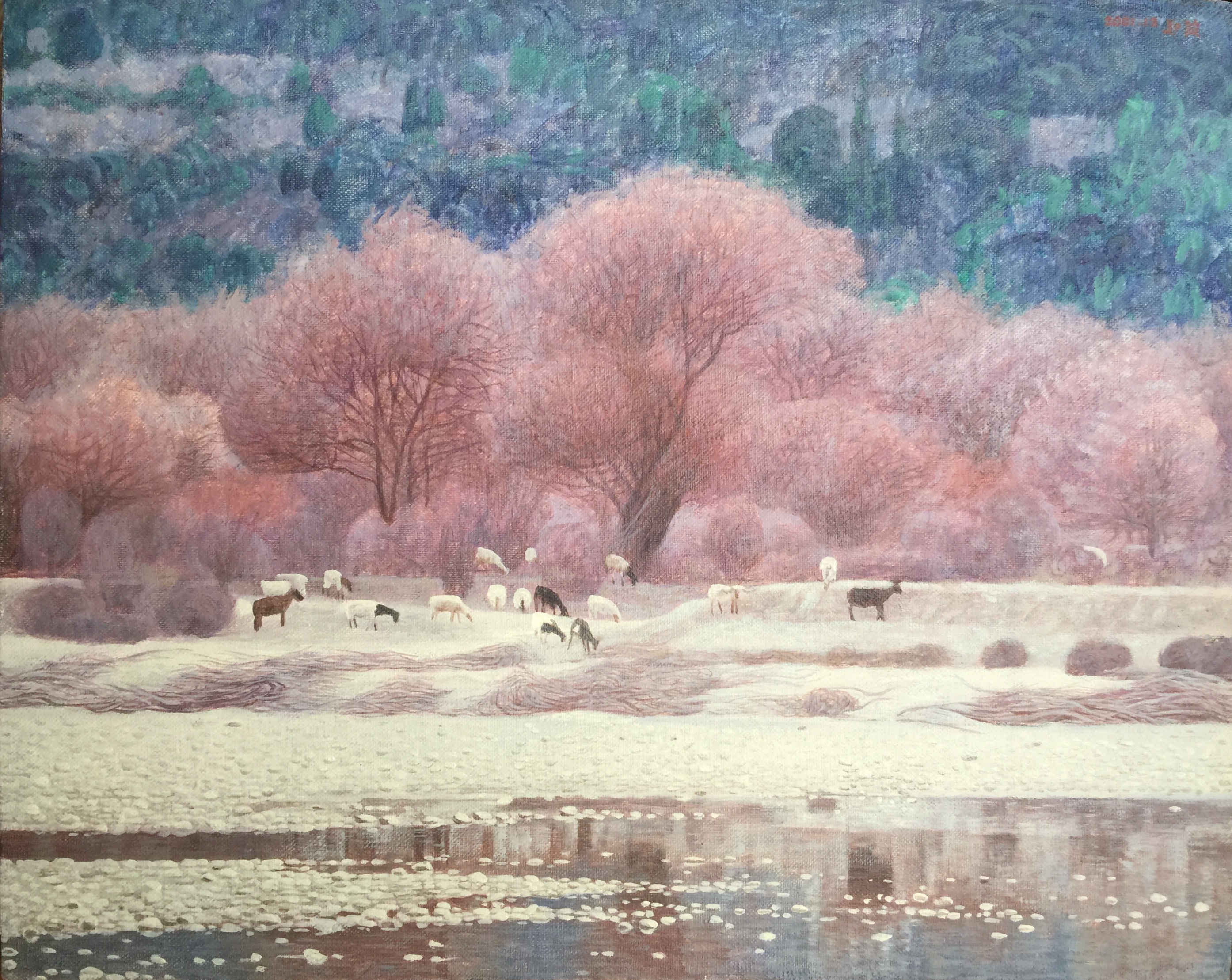 Autumn Melody, oil on linen, 40 by 50 cm, 2001. An atmospheric landscape painting in autumnal tones.