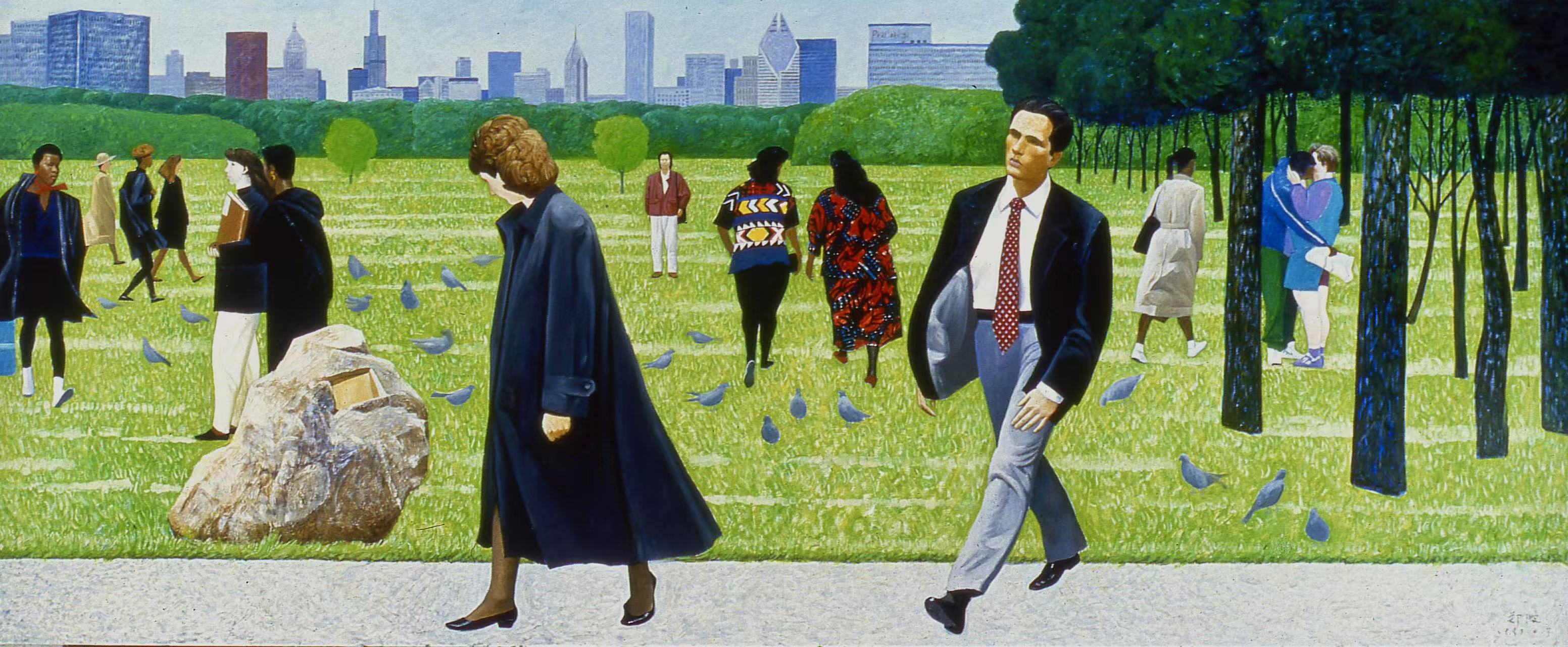 Impressions of Chicago, oil on linen on board, 122 x 274 cm, 1993. A panoramic urban park scene with figures walking before the Chicago skyline.